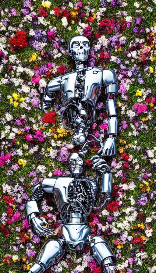 Image similar to photo of destroyed realistic terminator lying in a field of flowers, twisted, chrome, reflections, anthropomorphic, photorealism, smoke, 8 k, wires, smooth, sharp focus, top view, extremely detailed, hyperrealism, elegant, establishing shot, by jeff koons, artgerm and greg rutkowski