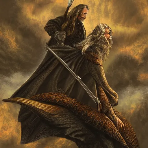 Prompt: gandalf flying on the back of smaug, lotr, highly detailed, digital art,