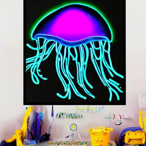 Prompt: a blacklight poster of a neon jellyfish