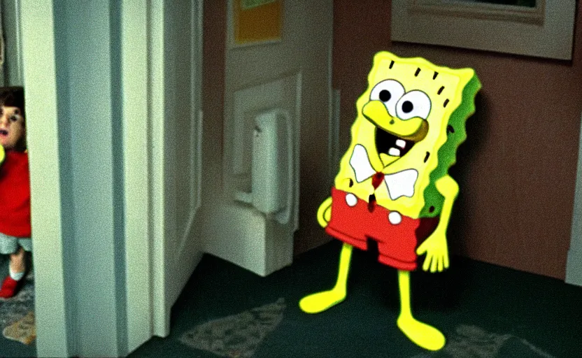 Prompt: spongebob in the shining by stanley kubrick, shot by 35mm film color photography