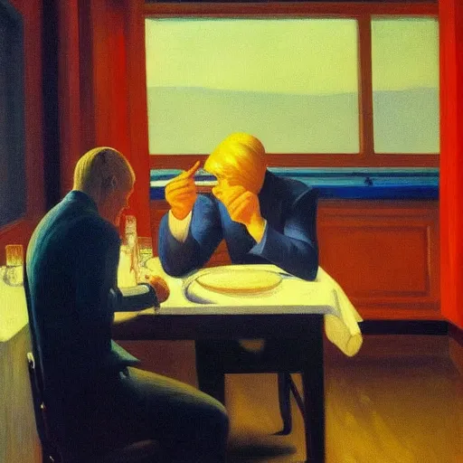 Prompt: a detailed painting, blonde man at a dinner table, dramatic lighting, edward hopper,