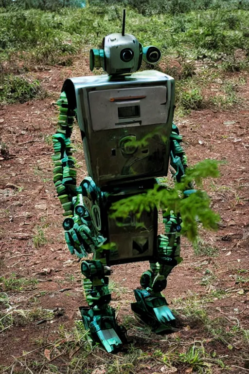 Prompt: A robot reclaimed_by vegetation in a post apocalyptic world