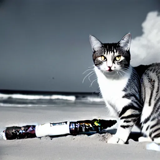 Image similar to a cat lighting a cigar on a beach in 1980, 30mm film