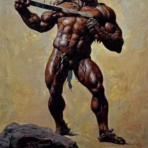 Image similar to muscular lion as barbarian hunter full body ,human legs ,very textured detailed oil painting by Frank Frazetta