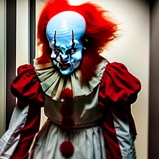 Image similar to a photograph of pennywise dressed as a doctor at a hospital, full shot