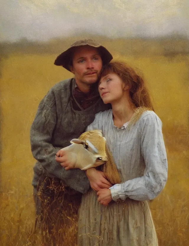 Image similar to portrait of peasant girl hugging a cow on a farm, cottage core, cinematic focus, polaroid photo bleached vintage pastel colors high - key lighting, soft lights, foggy, by steve hanks, by lisa yuskavage, by serov valentin, by tarkovsky, 8 k render, detailed, oil on canvas