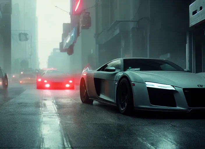 Image similar to Bladerunner 2049 scene front view sports car in small garage dark atmospheric volumetric lighting grungy moody dark cinematic Roger Deakins Cinematography futuristic cyberpunk car GTR NSX Audi R8 S14 Evo X Z06 ikuo maeda Newton Thomas Sigel bladerunner 2049 screen cap still