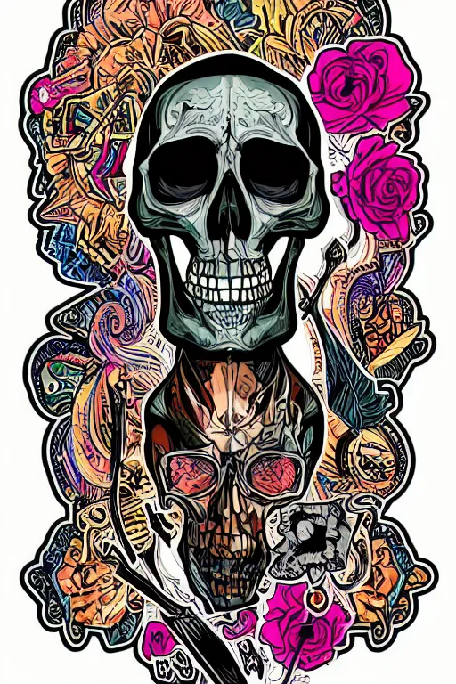 Image similar to A portrait of a skeleton that is a gangster, sticker, colorful, illustration, highly detailed, smooth and clean vector curves, no jagged lines, vector art, smooth