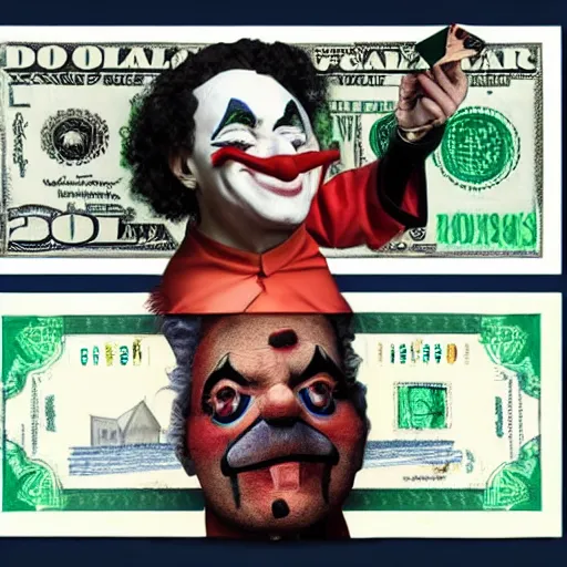 Image similar to A clown holding a dollar banknote, background is a slum, artstation, cgsociety, masterpiece