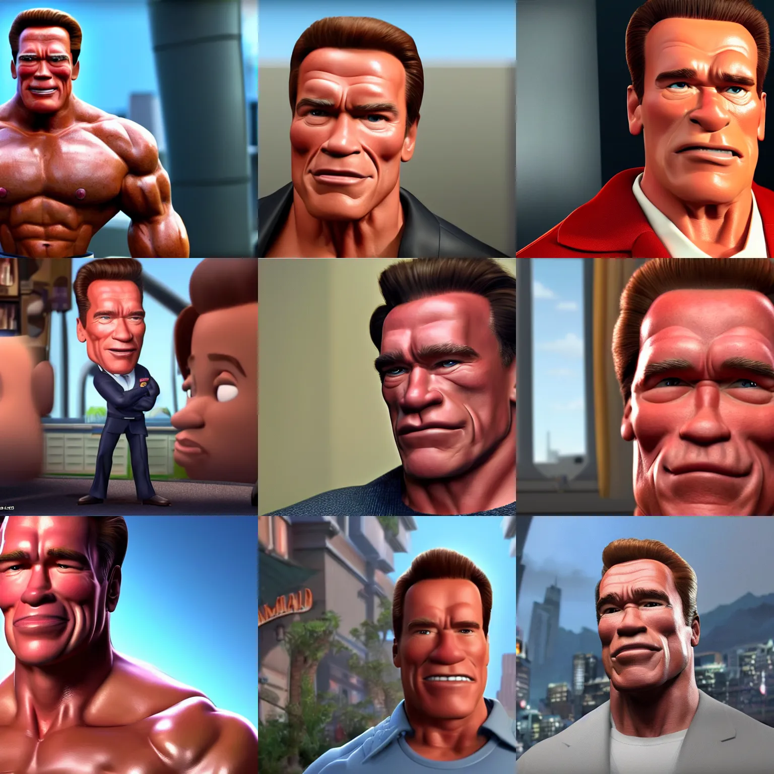 Prompt: screenshot of arnold schwarzenegger in a pixar movie. 3 d rendering. unreal engine. amazing likeness. very detailed. cartoon caricature.