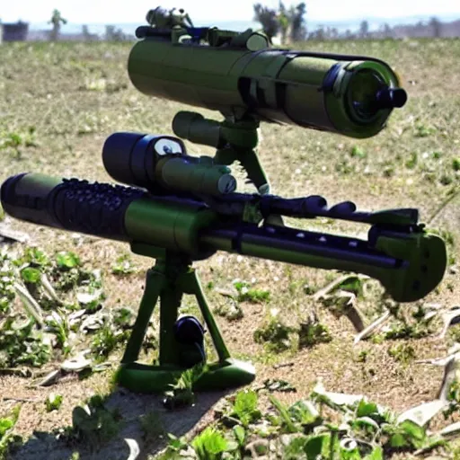 Image similar to weaponized frog equipped with rocket launcher and night vision target acquisition system, photo from janes weekly