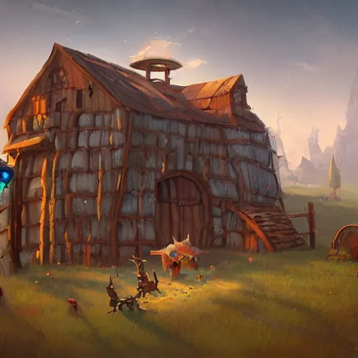 Prompt: The ciborg ostrich Barn from warcraft gnomes, artwork by Sergey Kolesov