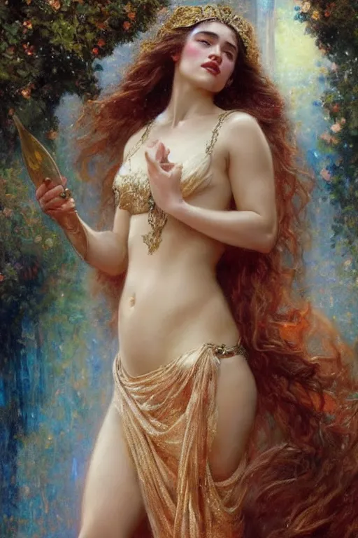 Image similar to emilia clarke as the goddess aphrodite. art by gaston bussiere and tomacz alen kopera.