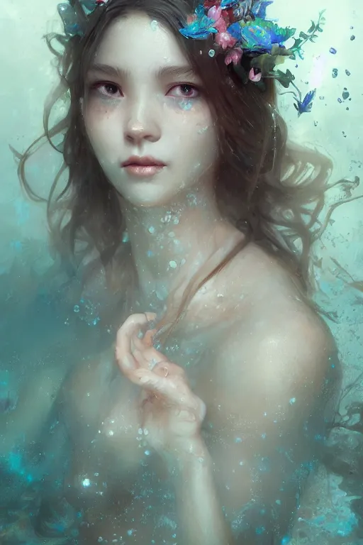 Image similar to face closeup a young beautiful girl nymph drowned in water, underwater photography,, 3 d render, hyper realistic detailed portrait, holding magic flowers, ruan jia, wlop. scifi, fantasy, hyper detailed, octane render, concept art, by peter mohrbacher, by wlop, by ruan jia