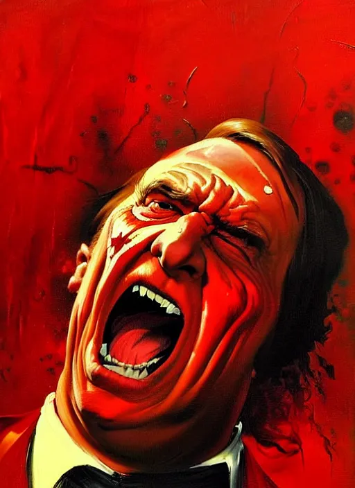 Prompt: saul goodman angry, screaming, red face, spit flying from mouth, stylistic painting by 'phil hale'!!!! high quality hd