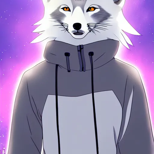 Image similar to key anime visual portrait of an anthropomorphic arctic fox fursona in a hoodie, handsome, official modern anime art