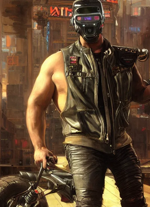 Image similar to big mike lifting a motorcycle. cyberpunk meathead wearing a military vest and combat gear. (Cyberpunk 2077, bladerunner 2049). Iranian orientalist portrait by john william waterhouse and Edwin Longsden Long and Theodore Ralli and Nasreddine Dinet, oil on canvas. Cinematic, hyper realism, realistic proportions, dramatic lighting, high detail 4k