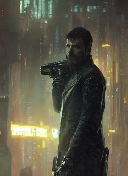 Prompt: gk chesterton. cyberpunk assassin in tactical gear. blade runner 2 0 4 9 concept painting. epic painting by craig mullins and alphonso mucha. artstationhq. painting with vivid color. ( rb 6 s, cyberpunk 2 0 7 7, matrix )