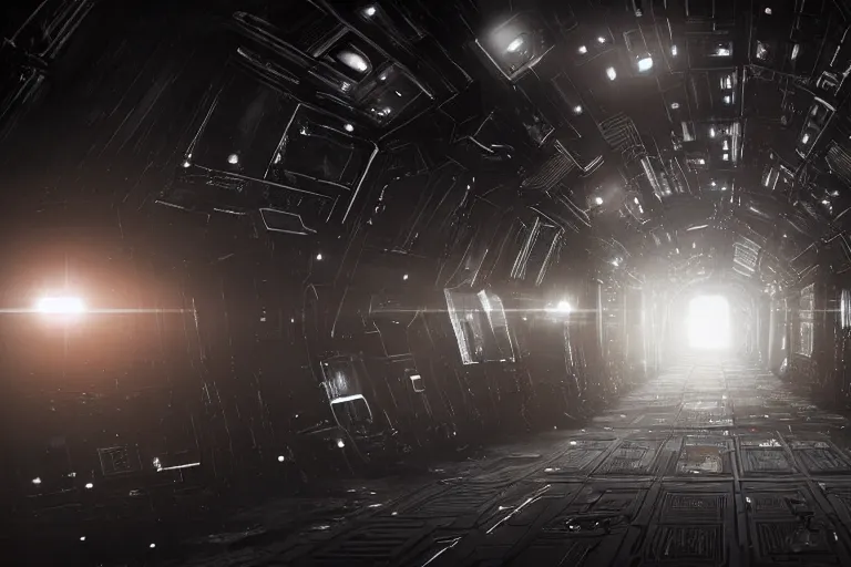 Image similar to a dark sci - fi scene of a spacecraft interior, corridor, rows of doors, sparks from ceiling lights in the style of dead space, cinematic,