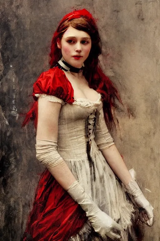 Prompt: Solomon Joseph Solomon and Richard Schmid and Jeremy Lipking victorian genre painting full length portrait painting of a young beautiful woman wearing gloves traditional german french actress model pirate wench in fantasy costume, red background