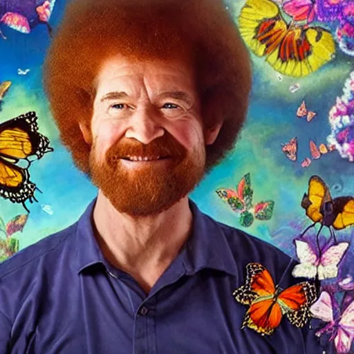 Prompt: man surrounded by butterflies, celestial light, divine, bob ross painting