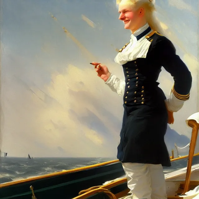 Image similar to painting of a muscular albino female sailor woman with broad shoulders, flowing white hair, and a confident smile, naval uniform, on a boat at sea. painting by john singer sargent and ivan aivazovsky, 4 k hd artstation