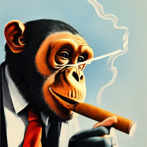 Image similar to a high detail photo of an antropomorphic chimp wearing a suit smoking a cigarrette, subject= chimp, subject detail: wearing a suit, subject action: smoking a cigarrette photorealism