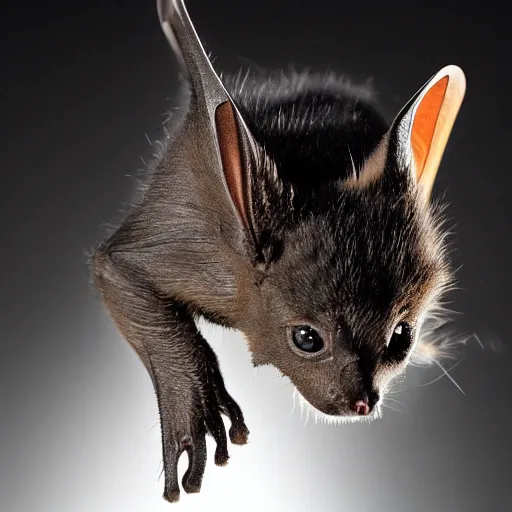 Image similar to a long exposure shot of a bat kitten working on a readymade object, archival pigment print