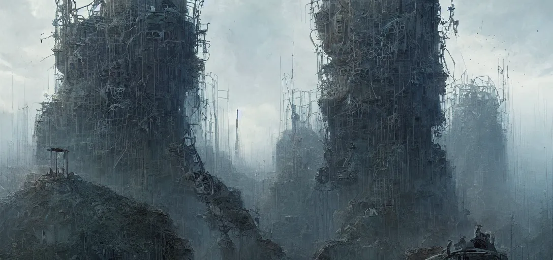 Prompt: WISP owner looking up at giant tower, getting ready to climb and replace radio. Post apocalypitic landscape, dystopia. james gurney, james jean, greg rutkowski, anato finnstark. hyper detailed, 35mm