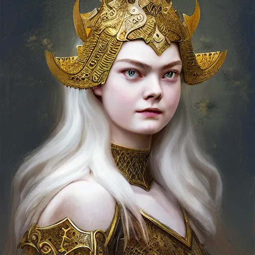 Prompt: head and shoulders portrait of modern darna, elle fanning as a knight from an edmund leighton painting, intricate, elegant, dark vibes, highly detailed, digital painting, artstation, glamor pose, concept art, smooth, sharp focus, illustration, art by wlop, mars ravelo and greg rutkowski