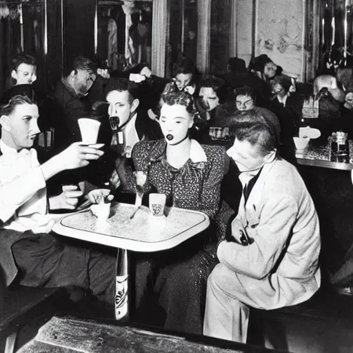 Prompt: 1 9 5 0 photograph of vampires in a cafe in paris