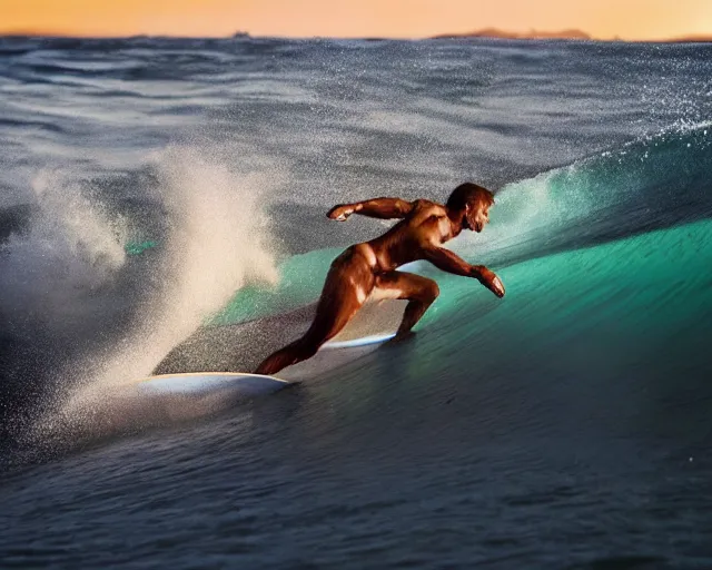 Prompt: single spartan paddling surf - ski through waves, epic award winning action cinematic still from the movie 3 0 0, 8 k, global illumination, detailed face, muscles, rim highlights, hyper realistic, stunning waves, happy vibes