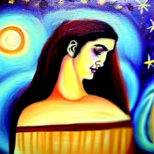 Image similar to beautiful ancient greek girl dreaming of galaxies, painting