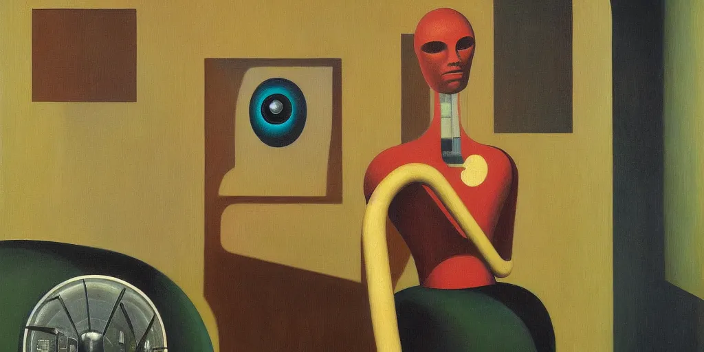 Image similar to super - intelligent robot with kind eyes portrait, grant wood, pj crook, edward hopper, oil on canvas