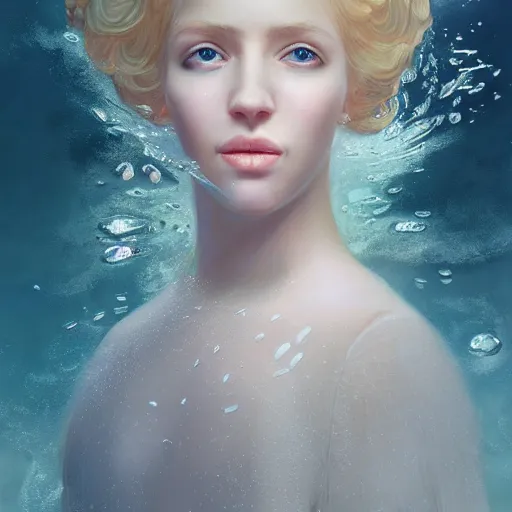 Image similar to breathtakingly detailed concept art painting portrait of a goddess floating on the sea floor, blond hair in a white sheer dress, full body, orthodox saint ornate background, by hsiao - ron cheng, very moody lighting, 8 k