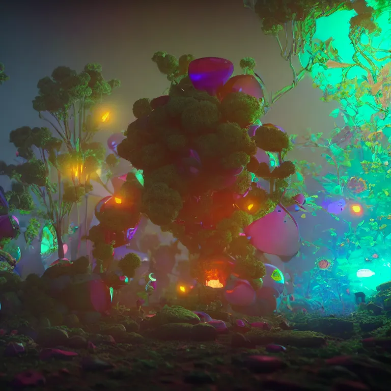 Prompt: a cinematic shot of meeboo bohtrops, hyperdimensional, colorful, salvia replication, octane render, volumetric lighting, nvidia raytracing demo, by Andy Thomas, Mario Martinez, Daniel Mirante, Gustave Dore, Artstation, CGsociety, masterpiece