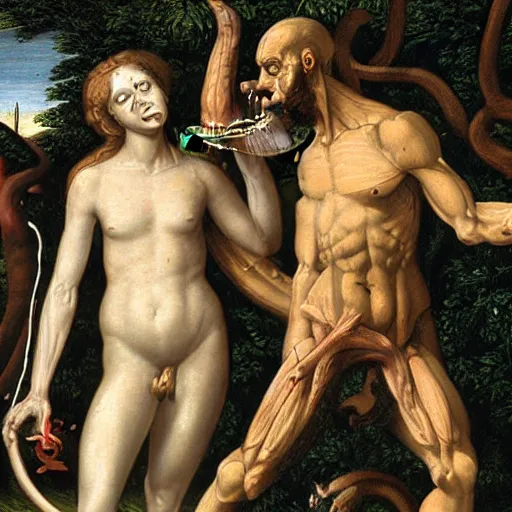 Image similar to Close-up of God being angry in the Garden of Eden. Adam and Eve look very guilty and the snake is leaving the scene quietly - anatomically correct, hyperrealistic