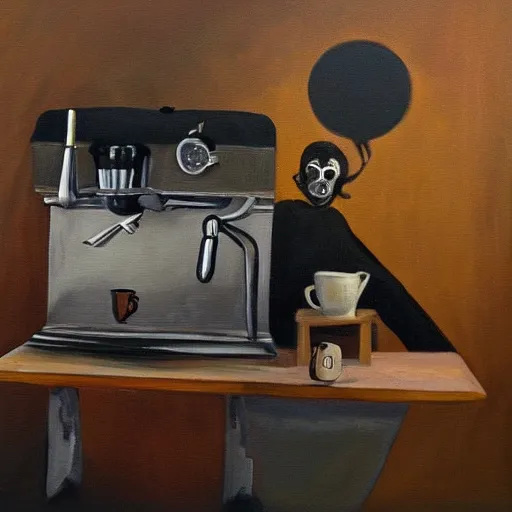 Image similar to a painting of haunted espresso machine that makes coffee from human souls