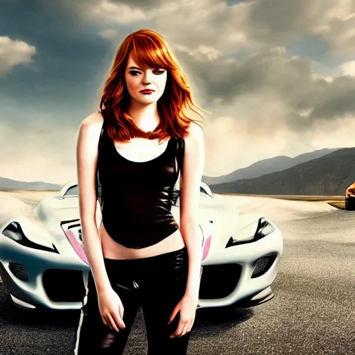 Image similar to first picture of emma stone as evil racer in new fast and the furious movie, ( eos 5 ds r, iso 1 0 0, f / 8, 1 / 1 2 5, 8 4 mm, postprocessed, crisp face, facial features )