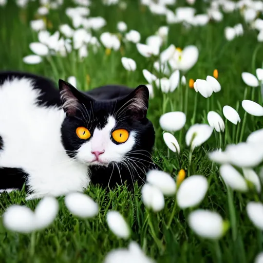 Prompt: a black and white cat laying in a vibrant meadow surrounded by common snow drops