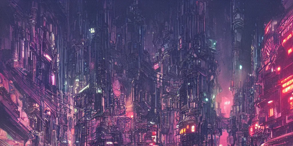 Prompt: vast futuristic steampunk city, dark tall people, night, colored neons, mist, video screens, street lights, cinematic, illustration by moebius and Bill Sienkiewicz