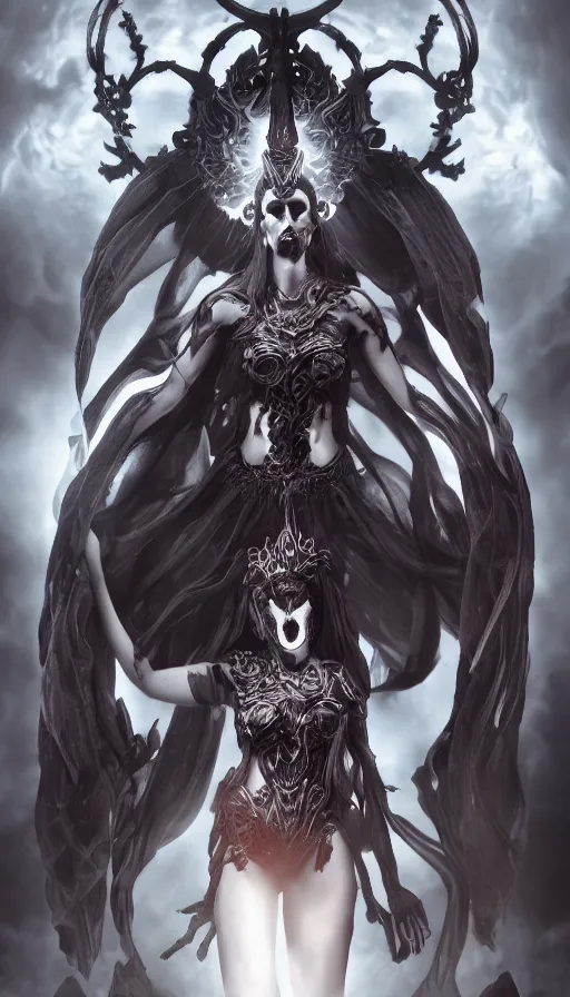 Image similar to goddess of death in the style of nekro, artgerm, wlop, glowing halo, octane render, hyper realistic