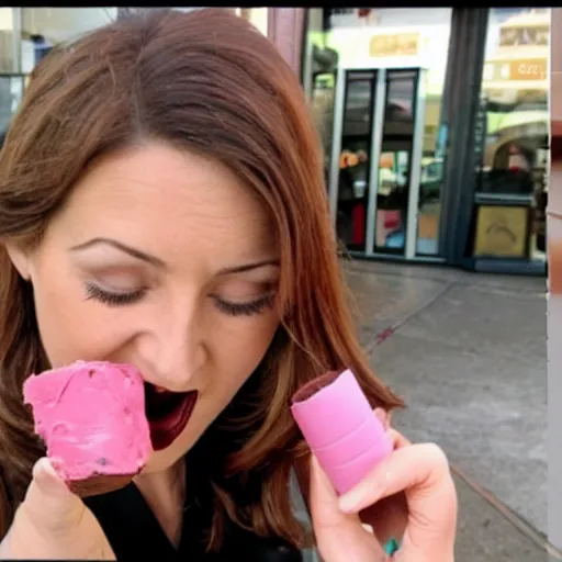 Image similar to candid photo of news female anchor face full of chocolate cream, mess, report on street