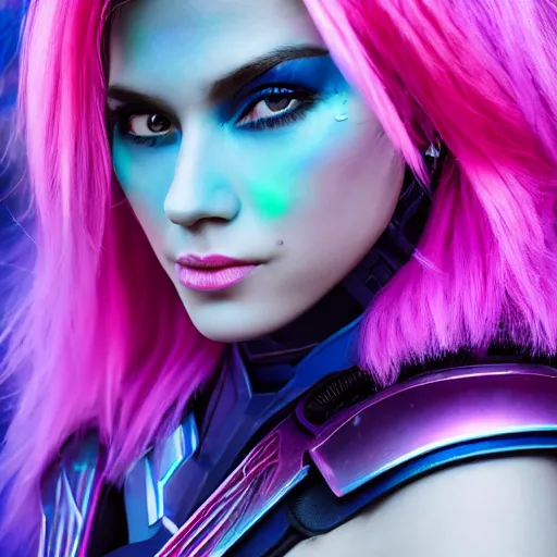 Image similar to a stunning high shutter speed action upper body portrait of a beautiful woman with a ombre purple pink hairstyle with hair flying wearing futuristic navy blue and teal battle bodyarmor and pauldrons by marvel comics, outrun, vaporware, action photography, highly detailed, fine detail, intricate, digital art, trending on artstation