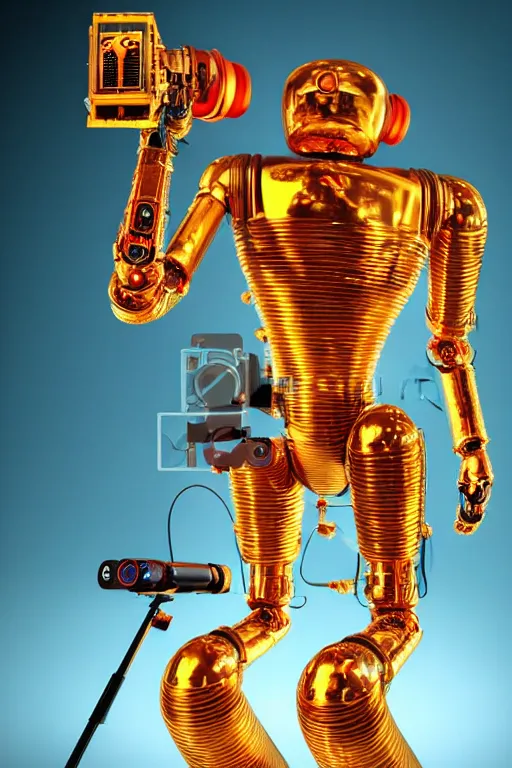 Image similar to portrait photo of a giant huge golden and blue metal humanoid steampunk robot singer with headphones and big gears and tubes, a red glowing microphone on a tripod, eyes are glowing red lightbulbs, shiny crisp finish, 3 d render, 8 k, insaneley detailed, fluorescent colors, background is multicolored lasershow