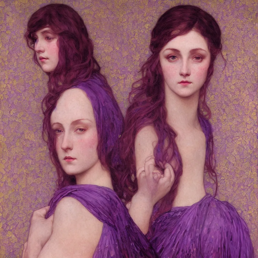 Image similar to purple, character portrait of purple, by waterhouse, by mucha, lean face, symmetrical face, face symmetry, cinematic lighting, beautiful, elegant, oil painting, cinematic, portrait, raphaelite, trending on artstation, intricate background