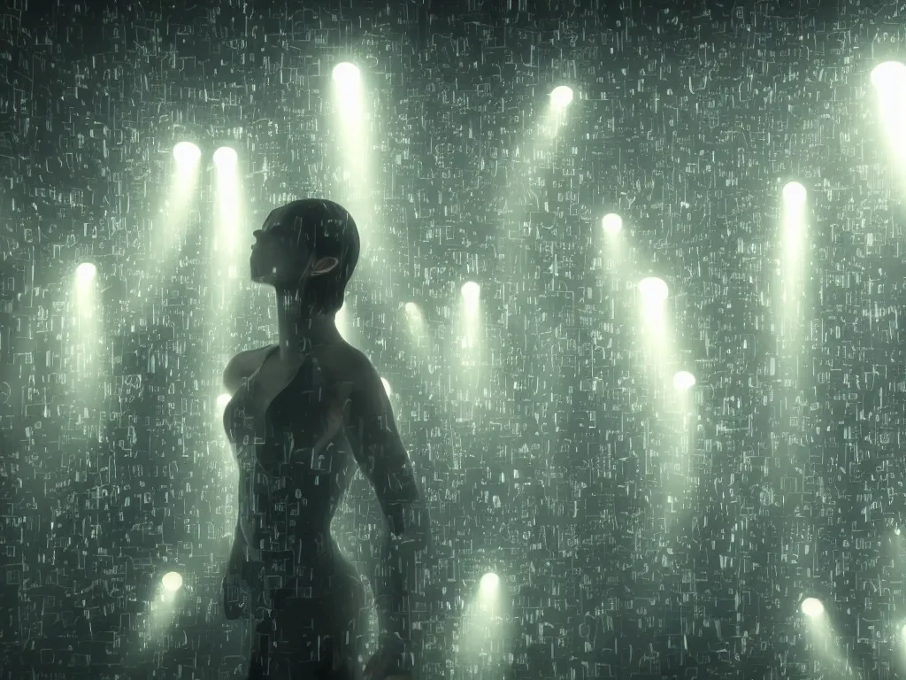 Prompt: a dancer in matrix heaven, surrounded by machines, volumetric lighting, highly detailed