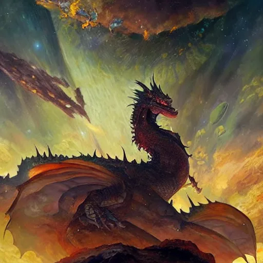 Prompt: prompt dragon in space devouring a planet, sun system, nebula, oil painting, by Fernanda Suarez and and Edgar Maxence and greg rutkowski