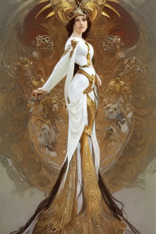 Image similar to full body portrait of a queen wearing white armor with ornate bronze and gold, white gossamer wings, art nouveau, profile, 4K, character concept art, oil painting, trending in artstation, cgsociety, by nekro, Alphonse Mucha, Artgerm, William-Adolphe Bouguereau, Greg Rutkowski