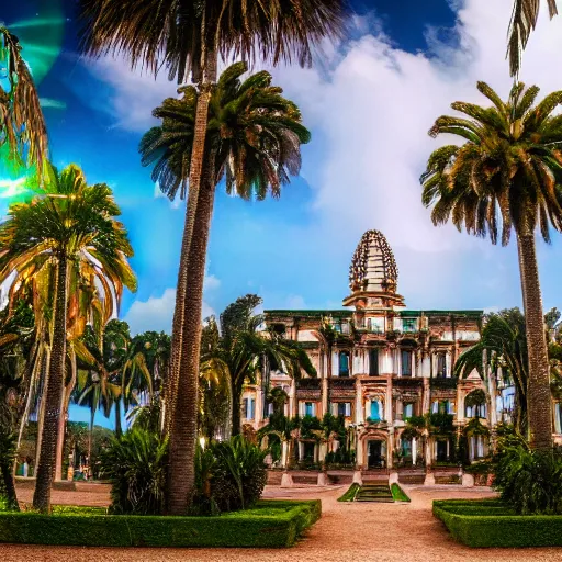 Image similar to a ultradetailed beautiful photo of the amazonas palace, trending on artstation, mediterranean, palm trees, light sparkles, sharp focus, soft light, 8 k 4 k